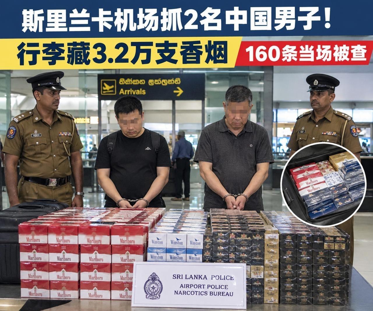 斯里兰卡警方在科伦坡班达拉奈克国际机场查获两名涉嫌走私香烟的中国籍男子,其行李中…