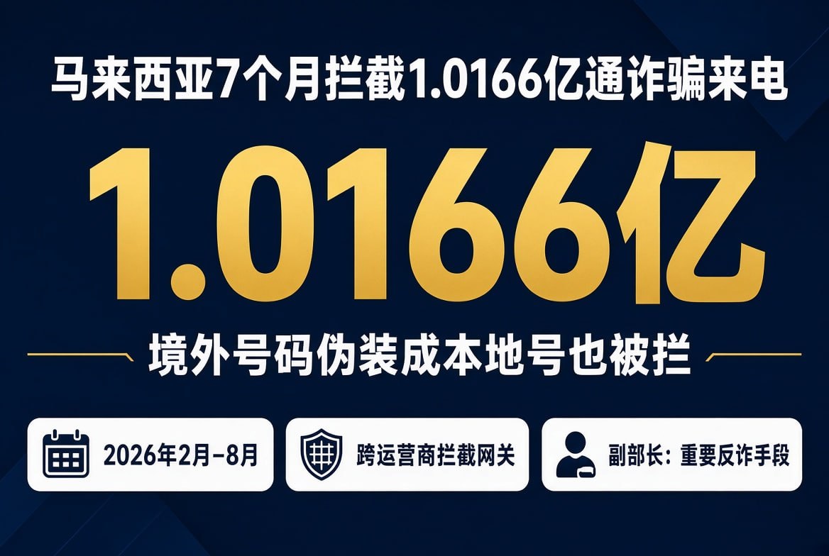 马来西亚公布今年2月至8月共拦截1.0166亿通诈骗及号码伪装来电。部分电话由境…