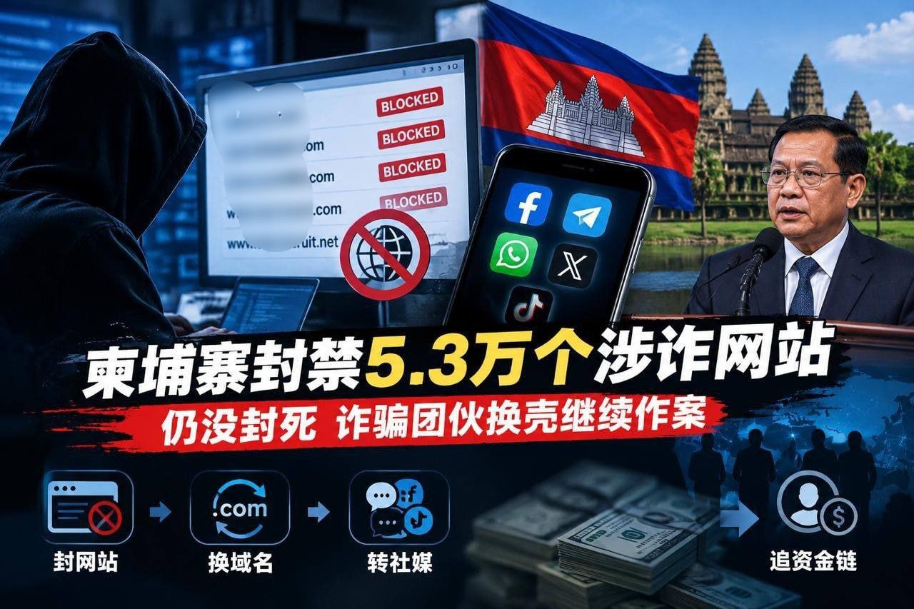 柬埔寨邮电部披露,截至2026年9月已封禁超5.3万个涉诈网站,并协同社交平台清…
