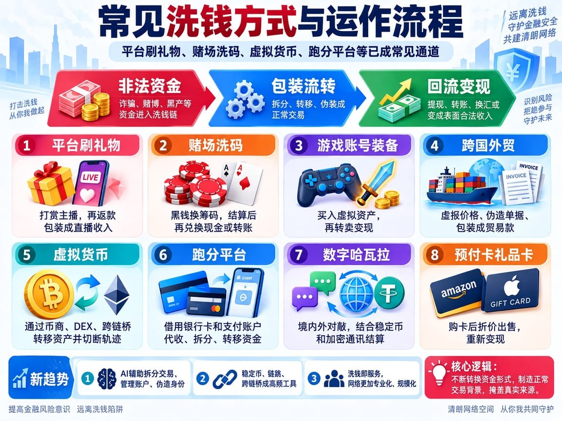 洗钱方式增多 涉及直播打赏赌博虚拟货币等