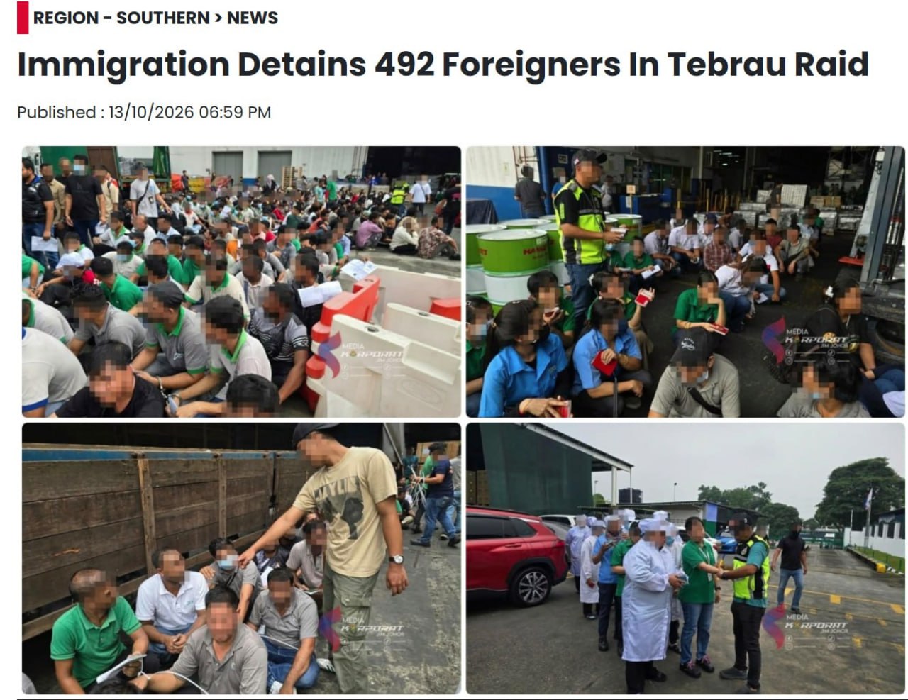 柔佛州突击检查工厂,492名外籍人员被扣查