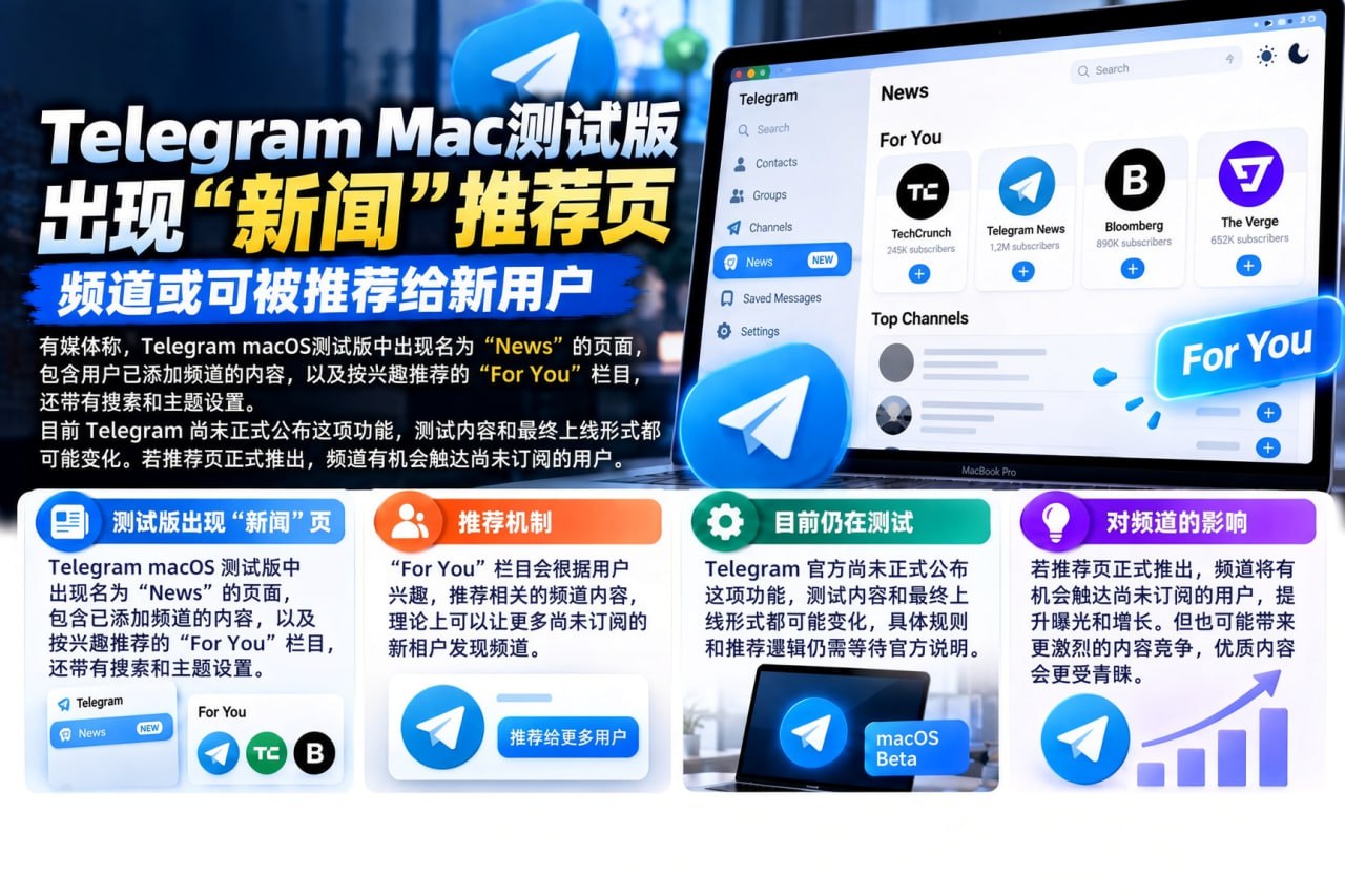 Telegram macOS测试版现News页面或推频道推荐
